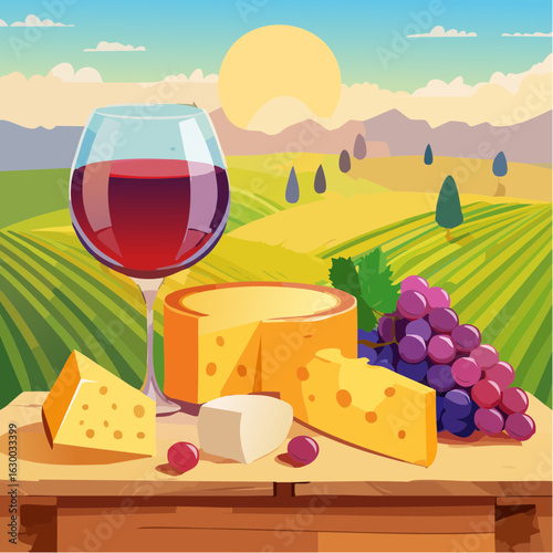 vector illustration, Assorted cheeses with grapes and a glass of red wine on a rustic wooden board