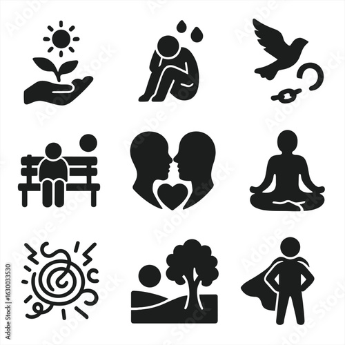 Emotional Icon Set. Solid, filled icons set of emotional themes in art: hope, despair, freedom, loneliness,