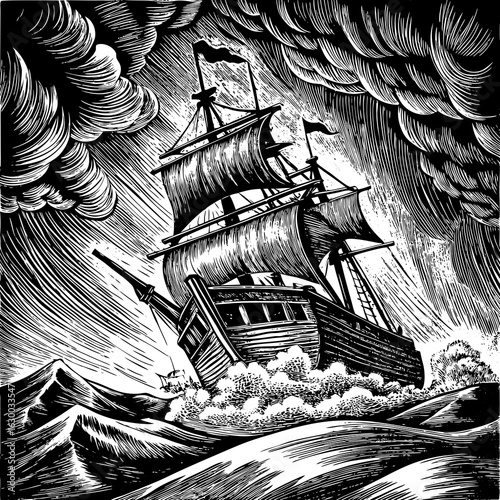 Vintage sailing ship battling stormy seas with dramatic clouds and waves