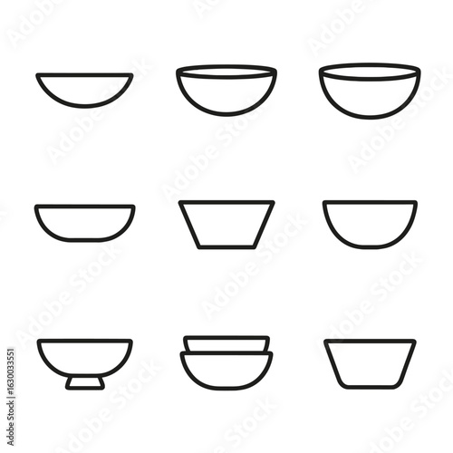 Minimalist Bowl Icons. Outline icon set of minimalist bowl designs: shallow curve bowl, deep curve bowl, rounded base bowl, flat