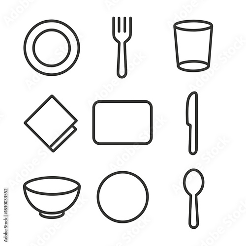 Minimalist Dining Icons. Outline icon set of minimalist place setting: round plate, simple fork, basic spoon, glass tumbler, linen