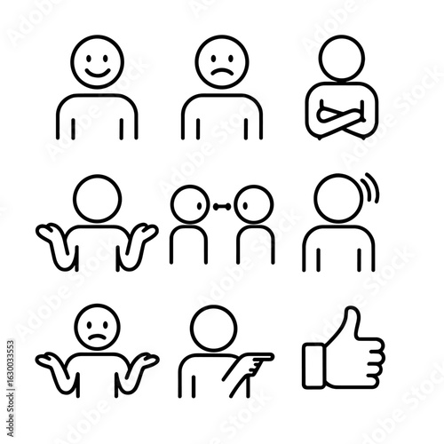 Emotional Body Language Icons. Outline icon set of emotional body language: smile, frown, crossed arms, open