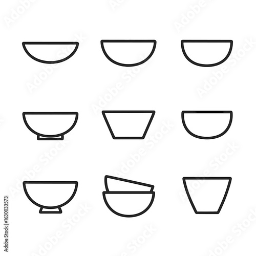 Minimalist Bowl Icons. Outline icon set of minimalist bowl designs: shallow curve bowl, deep curve bowl, rounded base bowl, flat