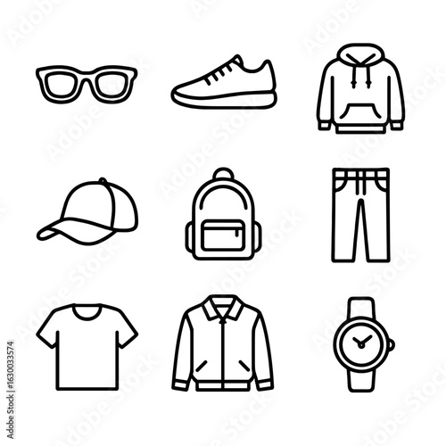 Minimalist Fashion Icons. Outline icon set of pop fashion: sunglasses, sneakers, hoodie, hat, backpack, jeans, t-shirt, jacket,