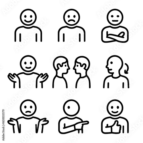Emotional Body Language Icons. Outline icon set of emotional body language: smile, frown, crossed arms, open