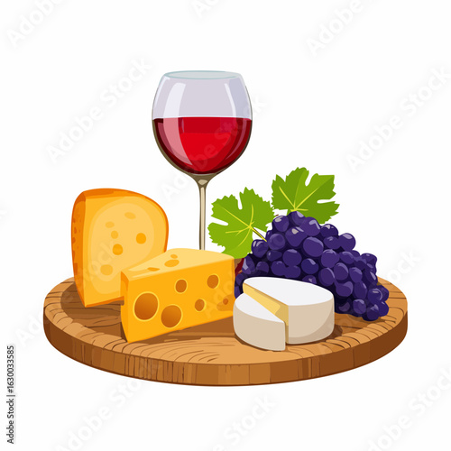 vector illustration, Assorted cheeses with grapes and a glass of red wine on a rustic wooden board
