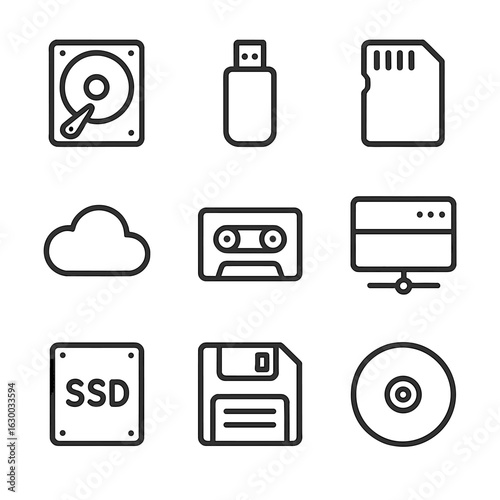 Digital Storage Icons. Outline icon set of digital storage devices: hard drive, USB stick, SD card, cloud, tape backup, network