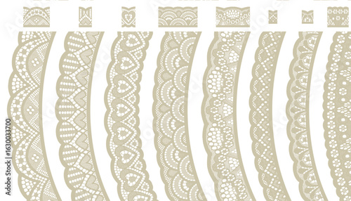 Eight light brown lace trims adorned with geometric motifs, arranged asymmetrically for a modern touch.