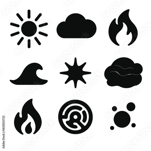 Emotional Icons Grid. Solid, filled icons set of emotions in abstract art: joy burst, melancholy cloud, anger