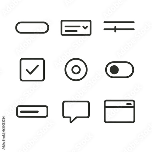 Minimalistic UI Icon Set. Outline icon set of user interface elements: button, dropdown menu, slider, checkbox, radio button,
