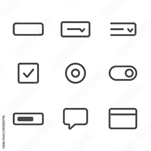 Minimalistic UI Icon Set. Outline icon set of user interface elements: button, dropdown menu, slider, checkbox, radio button,