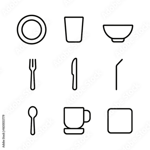 Dinnerware Icon Set. Outline icon set of casual dinnerware: melamine plate, glass tumbler, plastic bowl, everyday fork, standard