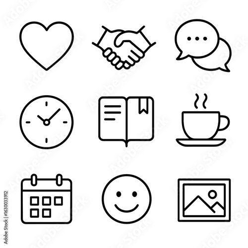 Emotional Support Icons. Outline icon set of emotional support during life changes: heart, handshake, chat