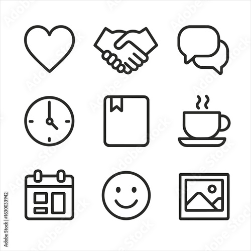 Emotional Support Icons. Outline icon set of emotional support during life changes: heart, handshake, chat