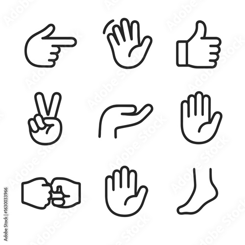 Directional Gesture Icons. Outline icon set of directional gestures: pointing finger, hand wave, thumbs up, peace sign, beckoning