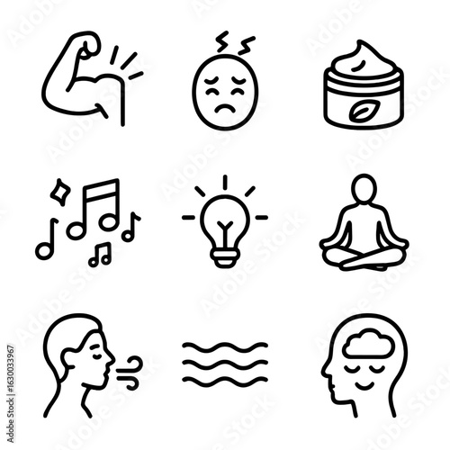 Emotional Tension Release Icons. Outline icon set of emotional tension release: tight muscles, stress icon,