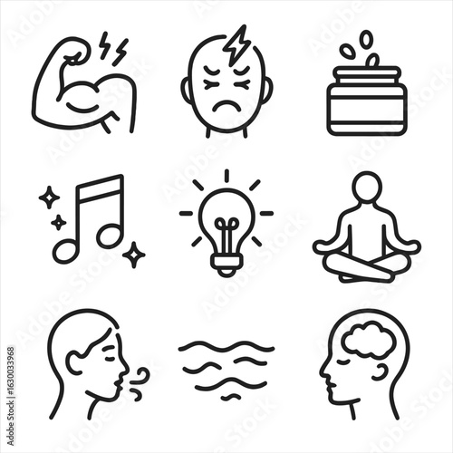 Emotional Tension Release Icons. Outline icon set of emotional tension release: tight muscles, stress icon,