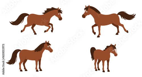 Four brown horses in various animated poses, running and standing against a white background.