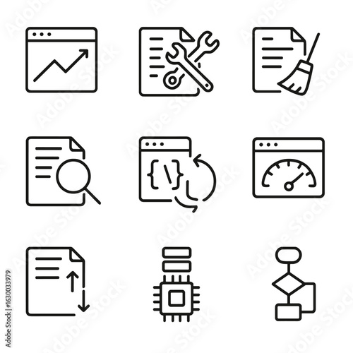 Code Optimization Icons. Outline icon set of code optimization: performance graph, refactoring, code cleanup, profiling, caching,