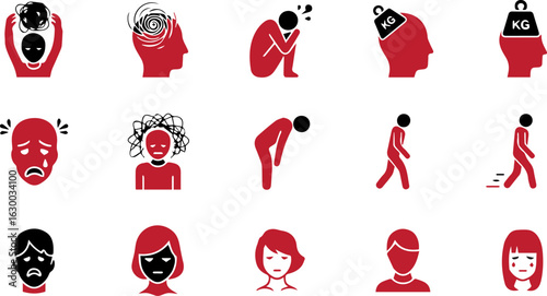 Vector art of collection of icons representing stress, anxiety, and mental health issues