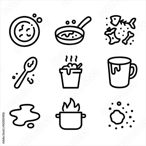 Dirty Kitchen Icons. Outline icon set of dirty kitchen items: dirty plate, greasy pan, food scraps, stained spoon, overflowing