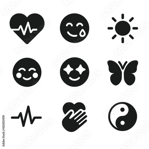 Emotions Icon Grid. Solid, filled icons set of feelings and emotions: heart pulse, tear of joy, warm glow,