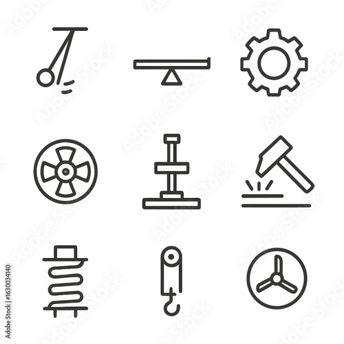 Momentum Icon Set. Outline icon set of momentum in mechanics: pendulum swing, lever arm, gear rotation, flywheel, hydraulic press,