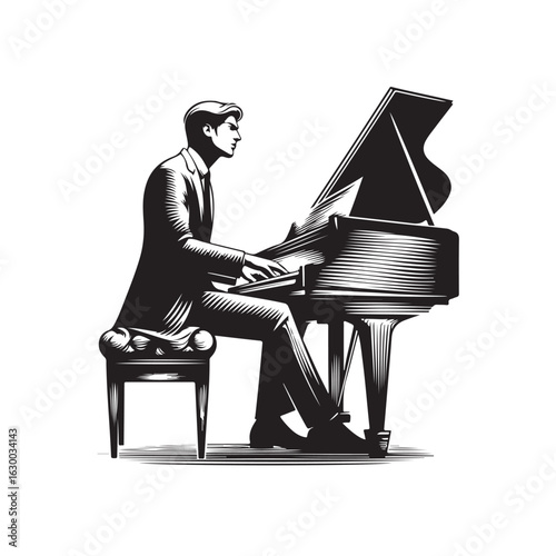 Silhouette vector illustration of a man wearing a formal suit playing a classical piano, suitable for music-themed designs, performing arts, classical concerts, or cultural event promotions