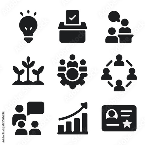 Employee Initiative Icons. Solid, filled icons set of employee-led initiatives: idea bulb, suggestion box,