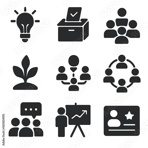 Employee Initiative Icons. Solid, filled icons set of employee-led initiatives: idea bulb, suggestion box,
