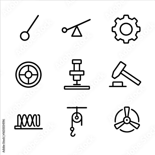 Momentum Icon Set. Outline icon set of momentum in mechanics: pendulum swing, lever arm, gear rotation, flywheel, hydraulic press,