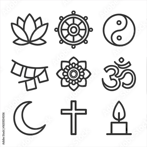 Monk Symbols Icons. Outline icon set of monk symbols: lotus flower, dharma wheel, yin-yang, prayer flag, mandala, Om symbol,