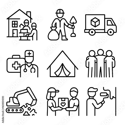 Disaster Recovery Icons. Outline icon set of disaster recovery: rebuilding, cleanup crew, supply delivery, medical aid, temporary