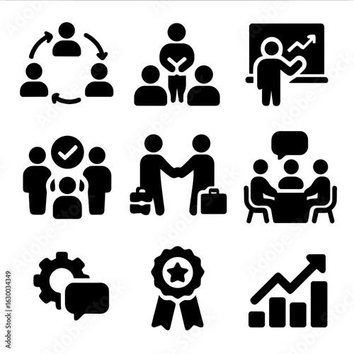 Empowering Team Icons. Solid, filled icons set of empowering teams: communication flow, responsibility sharing