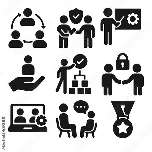Empowering Team Icons. Solid, filled icons set of empowering teams: communication flow, responsibility sharing