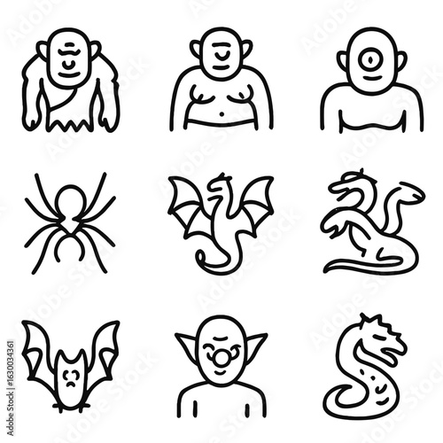 Monstrous Beasts Icons. Outline icon set of monstrous beasts: troll, ogre, cyclops, giant spider, wyvern, hydra, vampire bat,