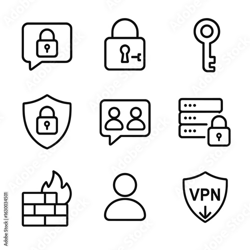 Encryption Icon Set. Outline icon set of end-to-end encryption: locked chat bubble, encryption lock, secure