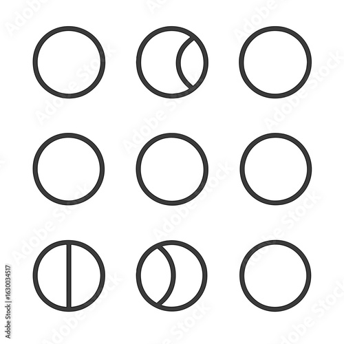 Moon Phases Icons. Outline icon set of moon phases: new moon, waxing crescent, first quarter, waxing gibbous, full moon, waning