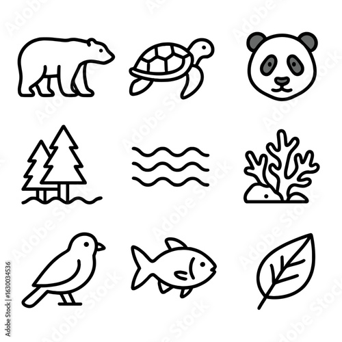 Endangered Species Icons. Outline icon set of endangered animals and habitats: polar bear, turtle, panda,