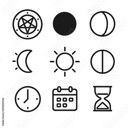 Moon Phases Icons. Outline icon set of ritual circle phases and time: new moon, full moon, waxing moon, waning moon, solstice,