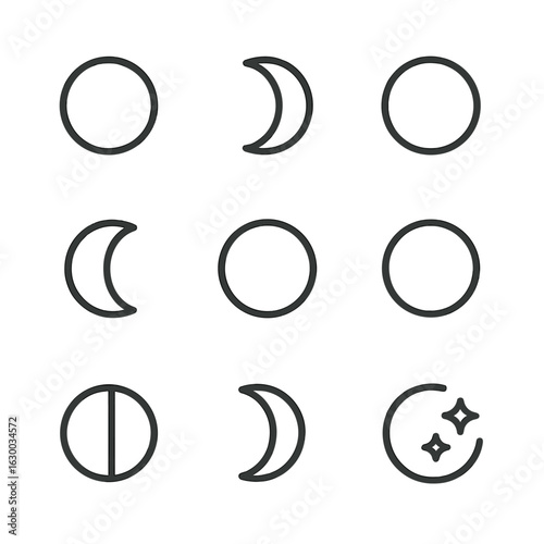 Moon Phases Icons. Outline icon set of moon phases: new moon, waxing crescent, first quarter, waxing gibbous, full moon, waning