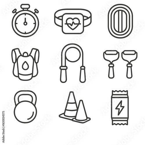 Endurance Fitness Icons. Outline icon set of endurance fitness challenges: stopwatch, heart rate monitor,