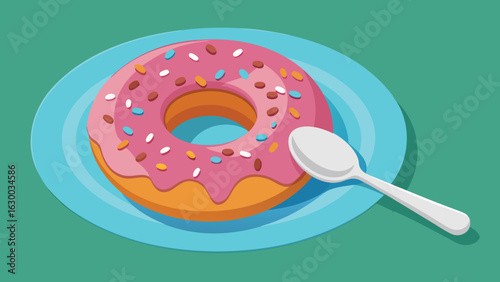 Donut with pink frosting and colorful sprinkles on a blue plate with a white spoon resting on it
