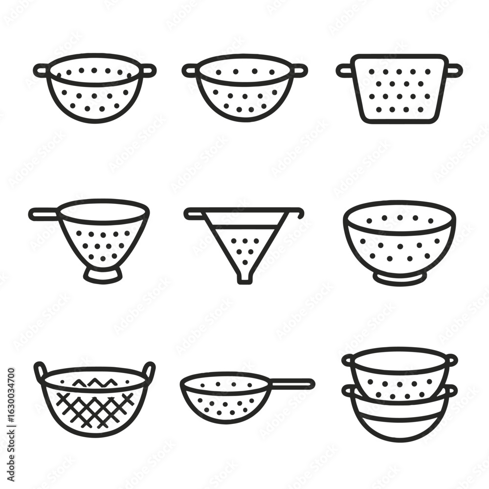 Fototapeta premium Colander Icon Set. Outline icon set of colander shapes: round colander, oval colander, square colander, cone colander, funnel