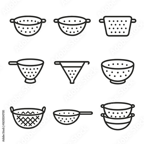 Colander Icon Set. Outline icon set of colander shapes: round colander, oval colander, square colander, cone colander, funnel