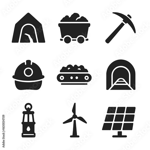 Energy Icons Grid. Solid, filled icons set of coal mining and the future of energy: coal mine entrance, mining