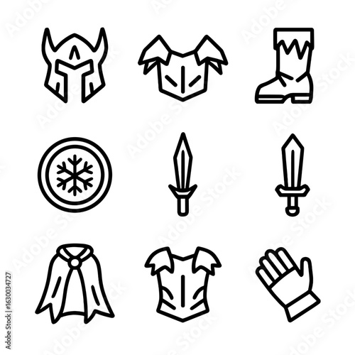 Cold Elemental Armor Icons. Outline icon set of cold elemental armor: frost helmet, ice pauldrons, frozen boots, glacial gauntlets