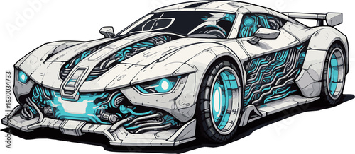 Street art adorns the side of a fast sports car with a racing engine