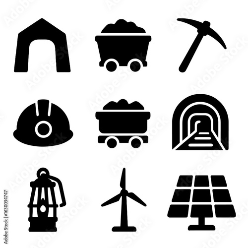 Energy Icons Grid. Solid, filled icons set of coal mining and the future of energy: coal mine entrance, mining