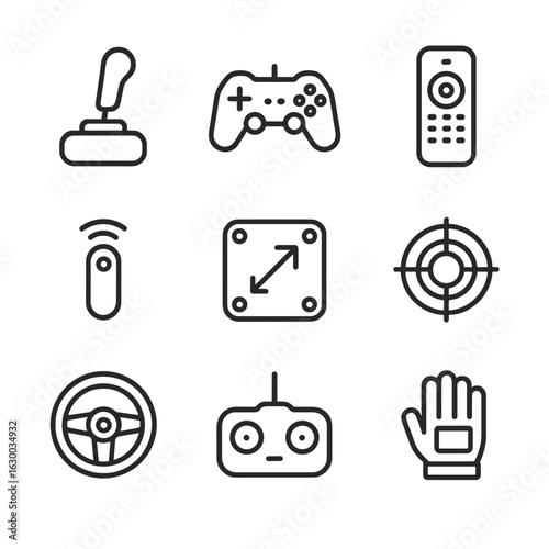 Motion Control Icons. Outline icon set of motion control devices: joystick, game controller, remote control, motion tracker,